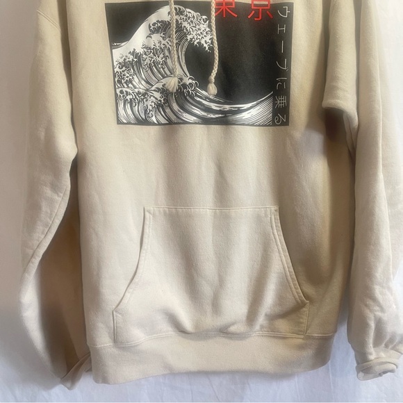 ARTIST UNION Japanese Hoodie RIDE THE WAVE Sweatshirt Mens Medium Beige Tan Zen - Picture 6 of 8